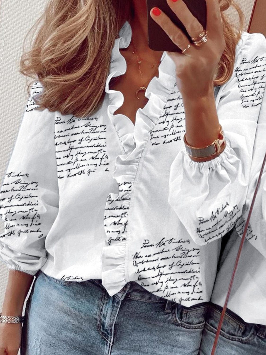 Randi Ruffled Printed V-Neck Long Sleeve Blouse Clothing
