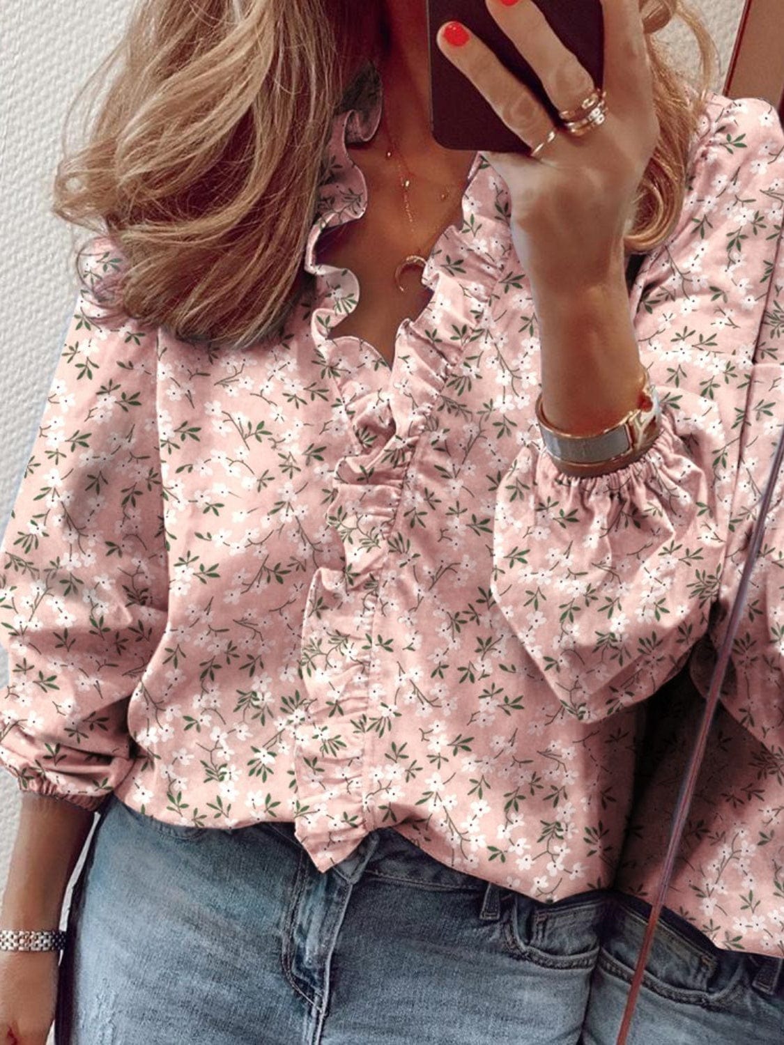 Randi Ruffled Printed V-Neck Long Sleeve Blouse Clothing