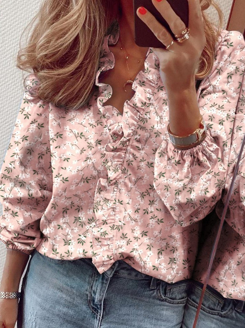 Randi Ruffled Printed V-Neck Long Sleeve Blouse Clothing