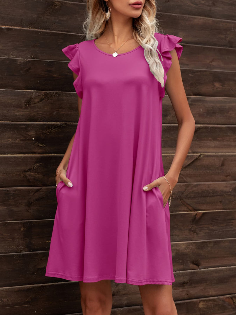 Round Neck Flutter Sleeve Dress with Pockets Clothing