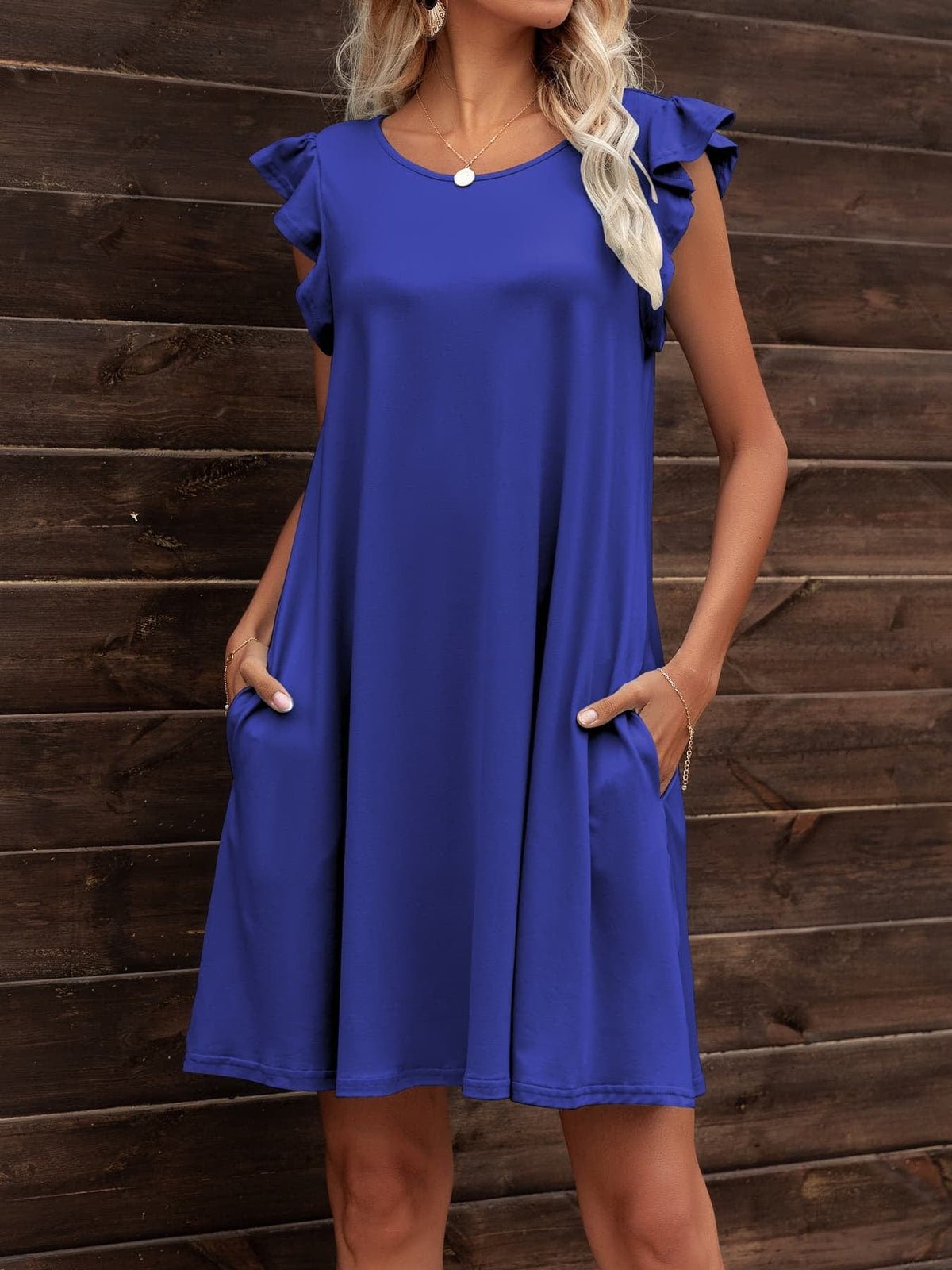Round Neck Flutter Sleeve Dress with Pockets Clothing