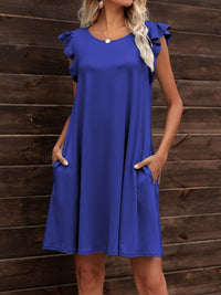 Round Neck Flutter Sleeve Dress with Pockets Clothing