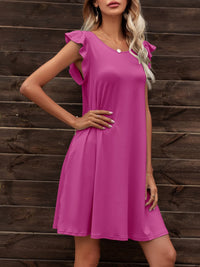 Round Neck Flutter Sleeve Dress with Pockets Clothing