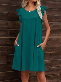 Round Neck Flutter Sleeve Dress with Pockets Clothing