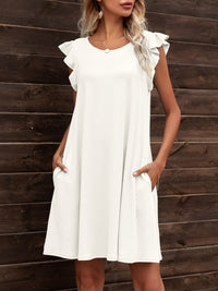 Round Neck Flutter Sleeve Dress with Pockets Clothing