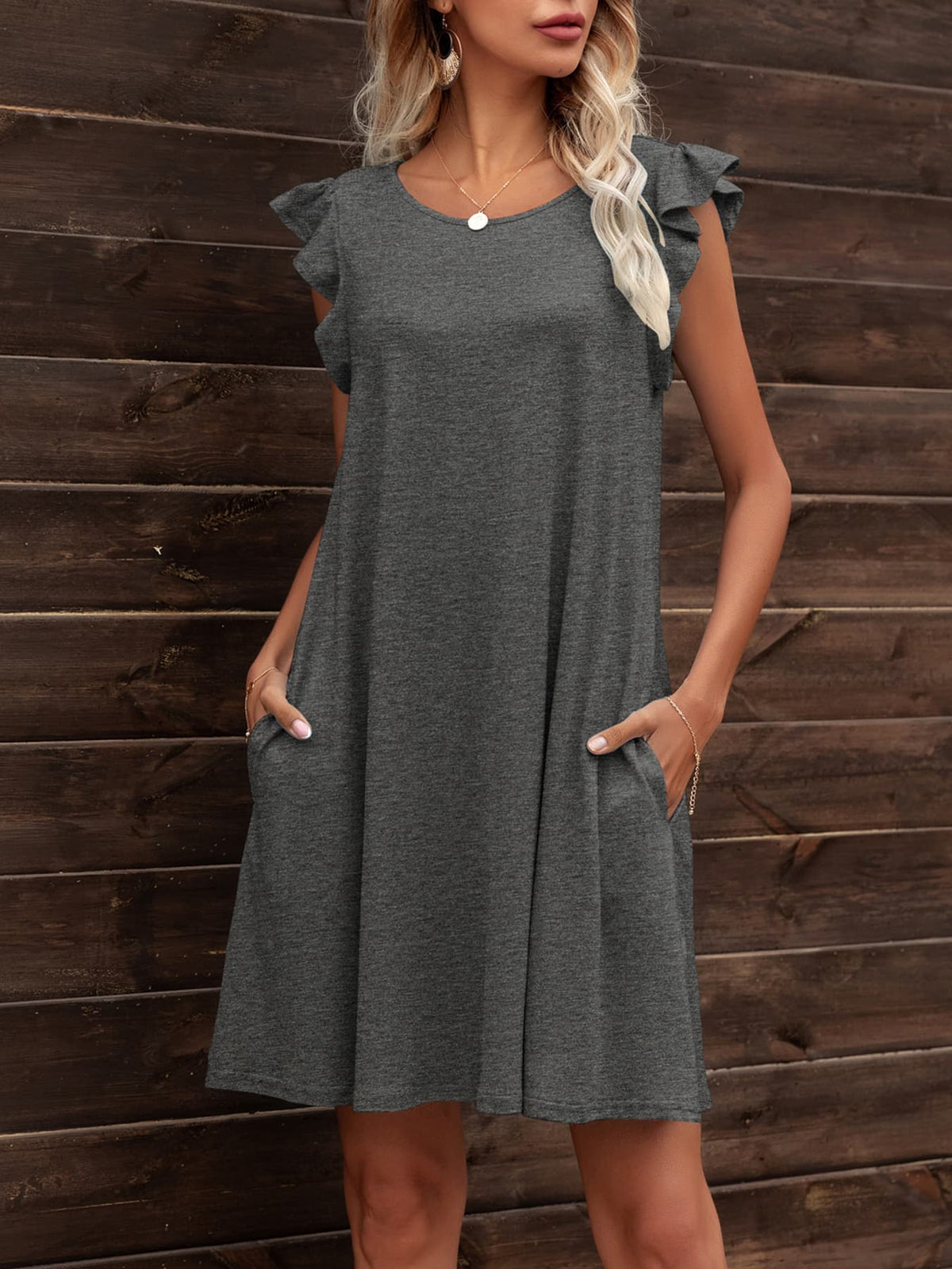 Round Neck Flutter Sleeve Dress with Pockets Clothing