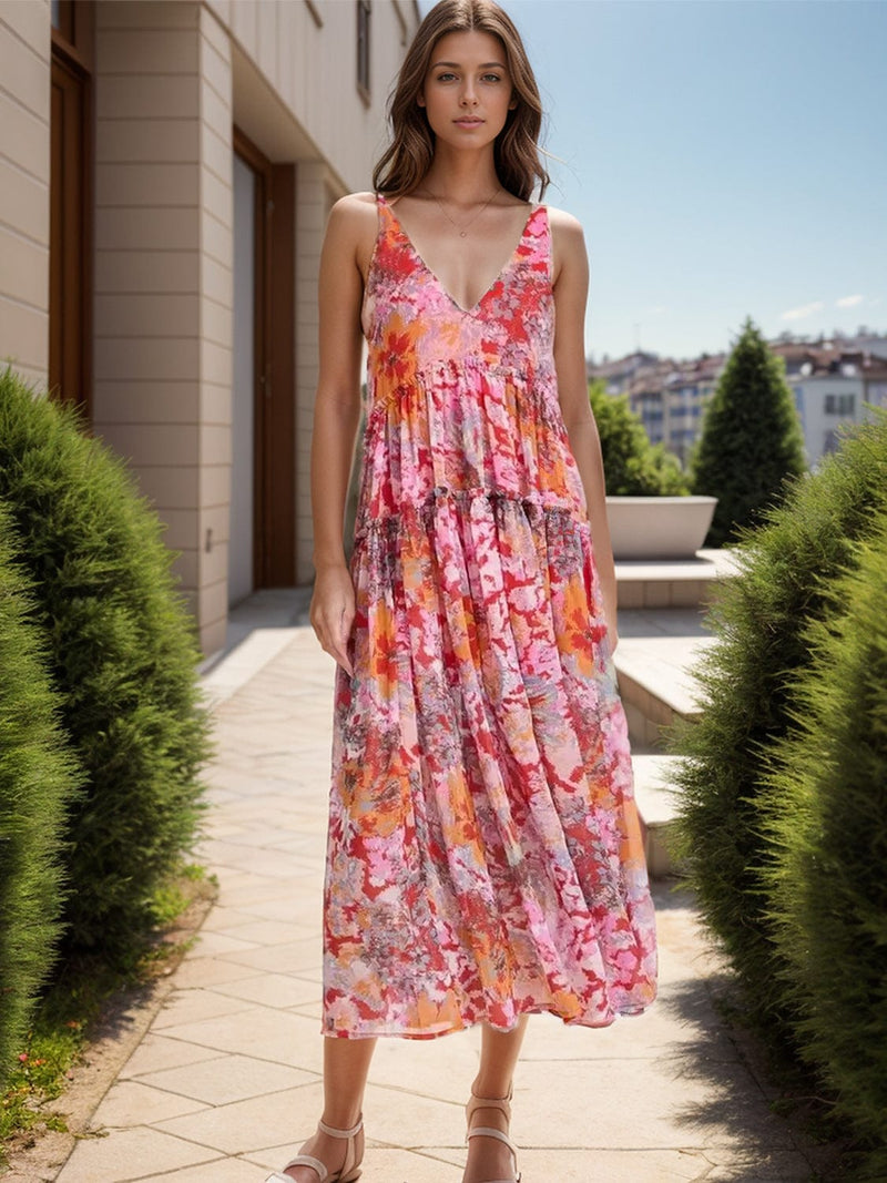Tiered Printed V-Neck Sleeveless Dress Clothing and Apparel
