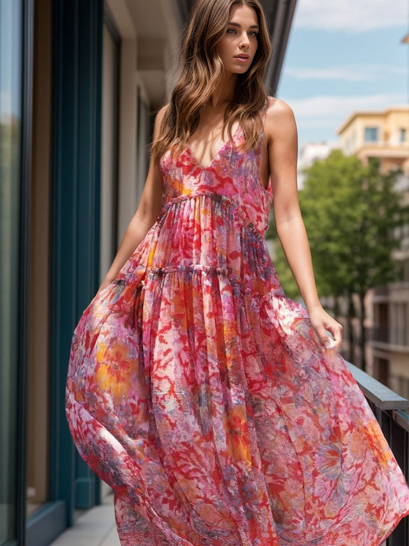 Tiered Printed V-Neck Sleeveless Dress Clothing and Apparel