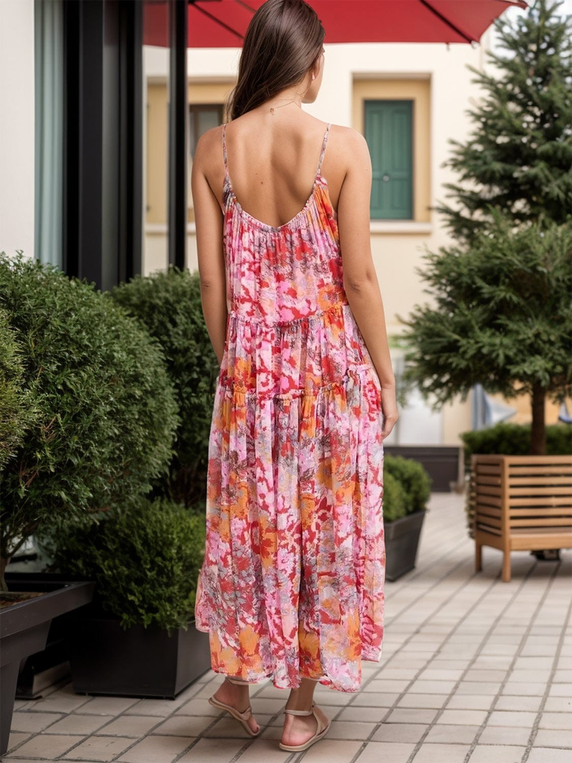 Tiered Printed V-Neck Sleeveless Dress Clothing and Apparel