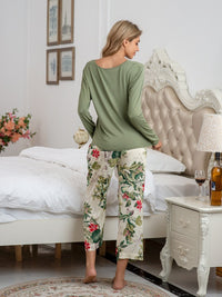 Round Neck Top and Printed Pants Lounge Set